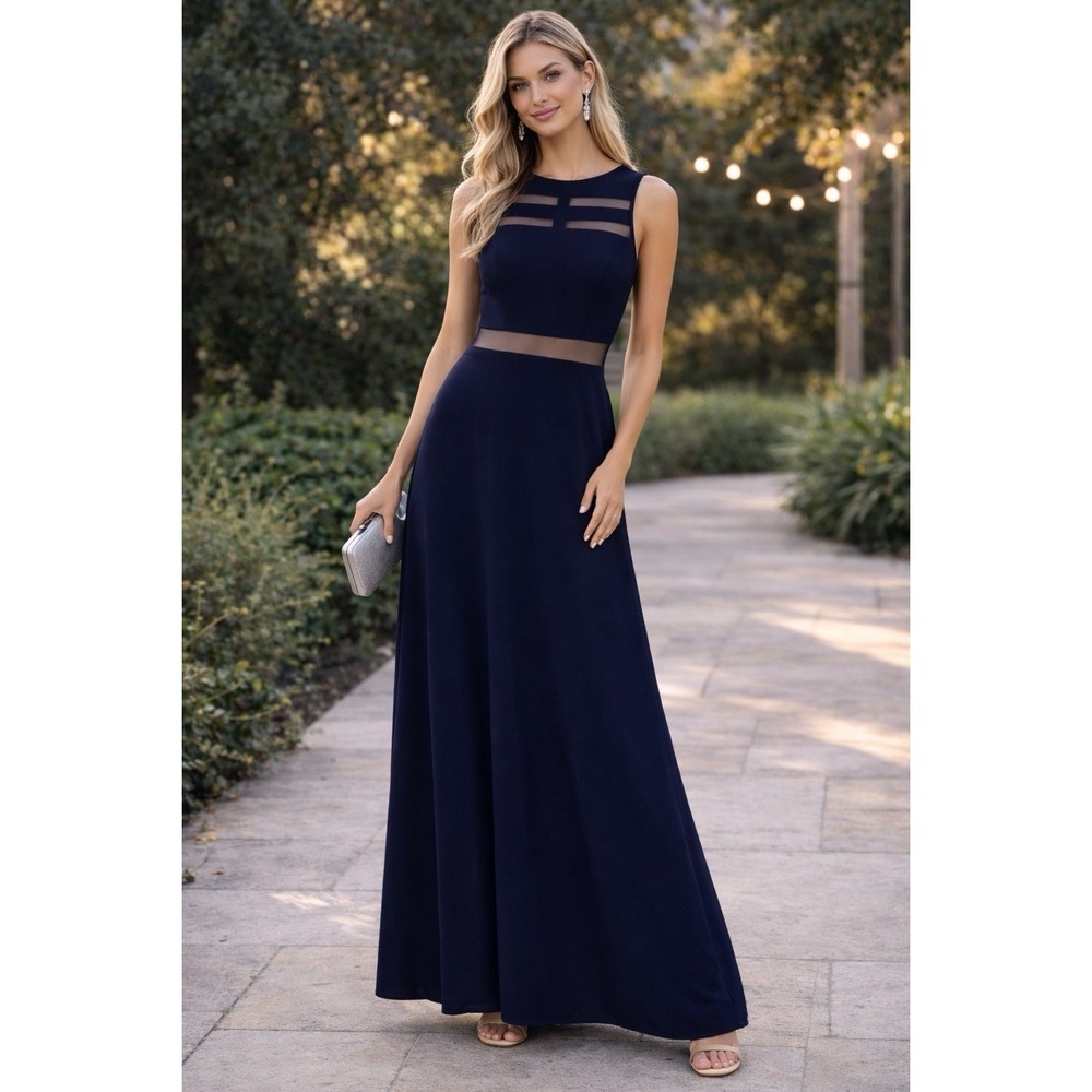 Nightway Navy Blue Mesh Cutout Maxi Dress Sleeveless Formal Evening Size 6 - Picture 1 of 7